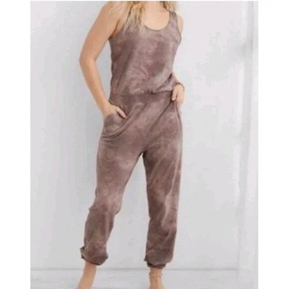 Aerie Mauve Brown Tie-dye Jumpsuit Size Large Comfy Loungewear Casual Bohemian - Picture 1 of 11